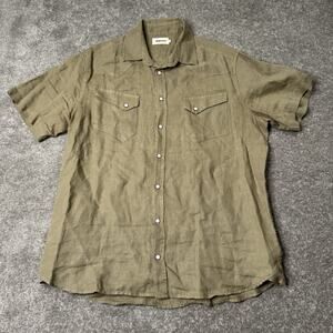 TAYLOR STITCH 100% LINEN Western PEARL SNAP Mens 46 (L/XL US) Shirt Olive Khaki